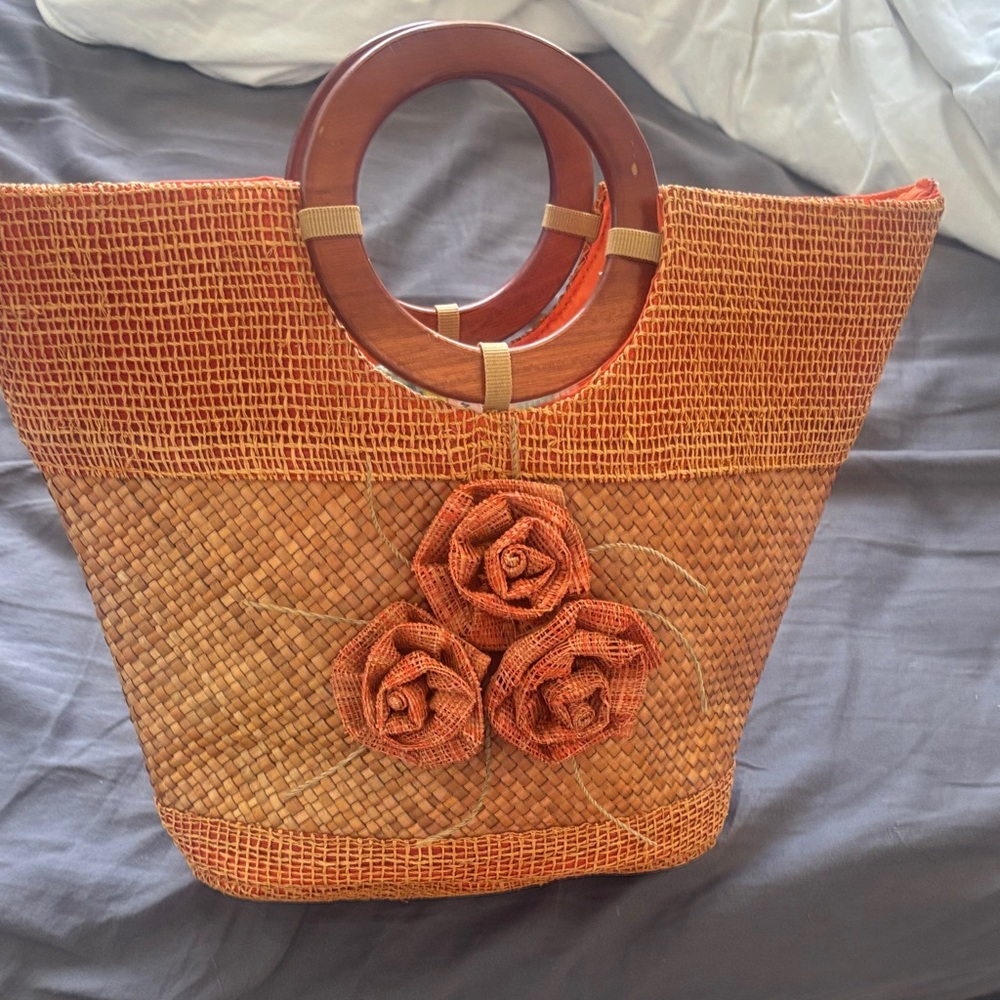 Orange Woven Tote Bag with Wooden Handles